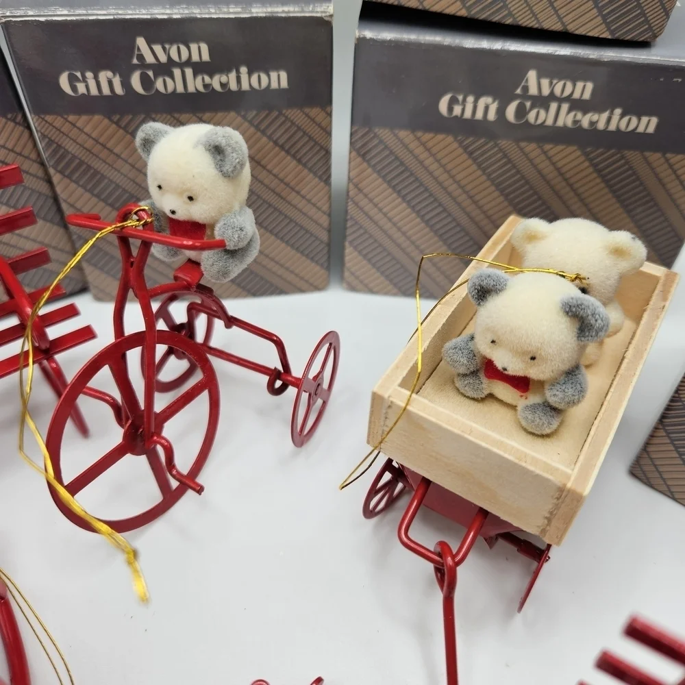 VINTAGE Avon Flocked Teddy Bear Ornaments Lot 6 led Bench Tricycle Rocker Wagon